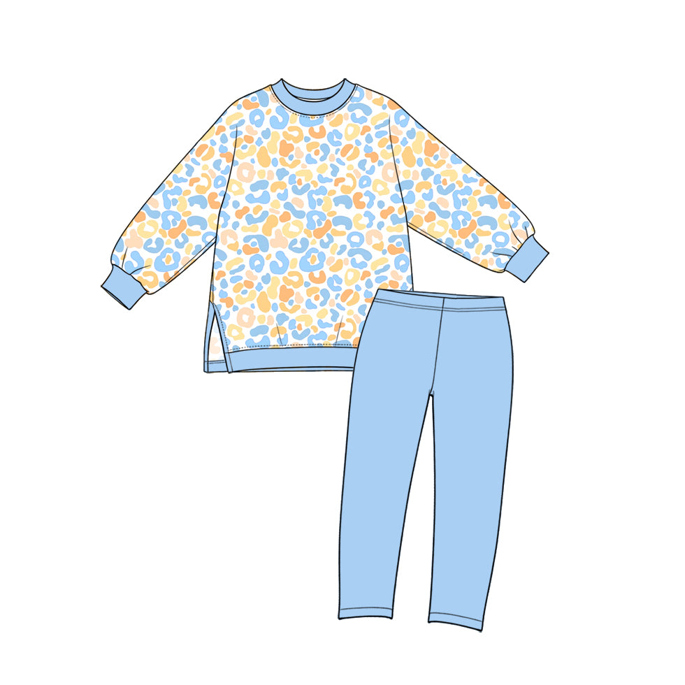 GLP4006 Preorder Kids Girls Blue Yellow Leoaprd Long Sleeve Top Leggings Pants Active Outfit