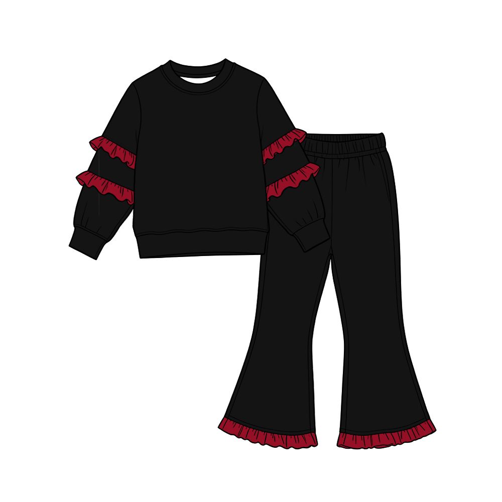 10.14 GLP4009 Preorder Kids Girls Blue Cotton Top Pants Outfit with Red Ruffle