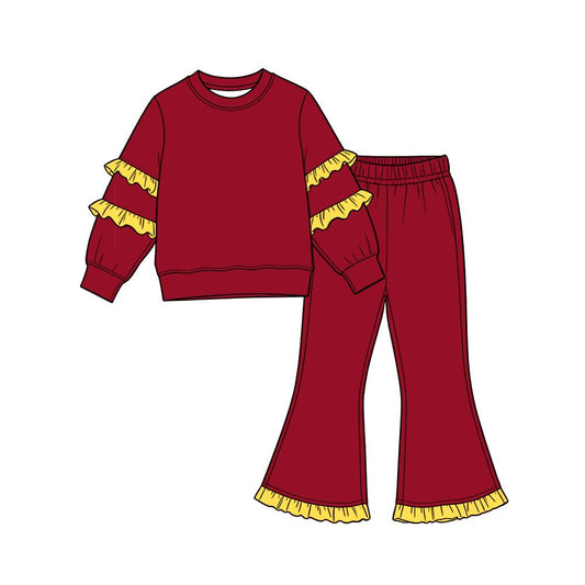 10.14 GLP4012 Preorder Kids Girls Red Cotton Top Pants Outfit with Yellow Ruffle
