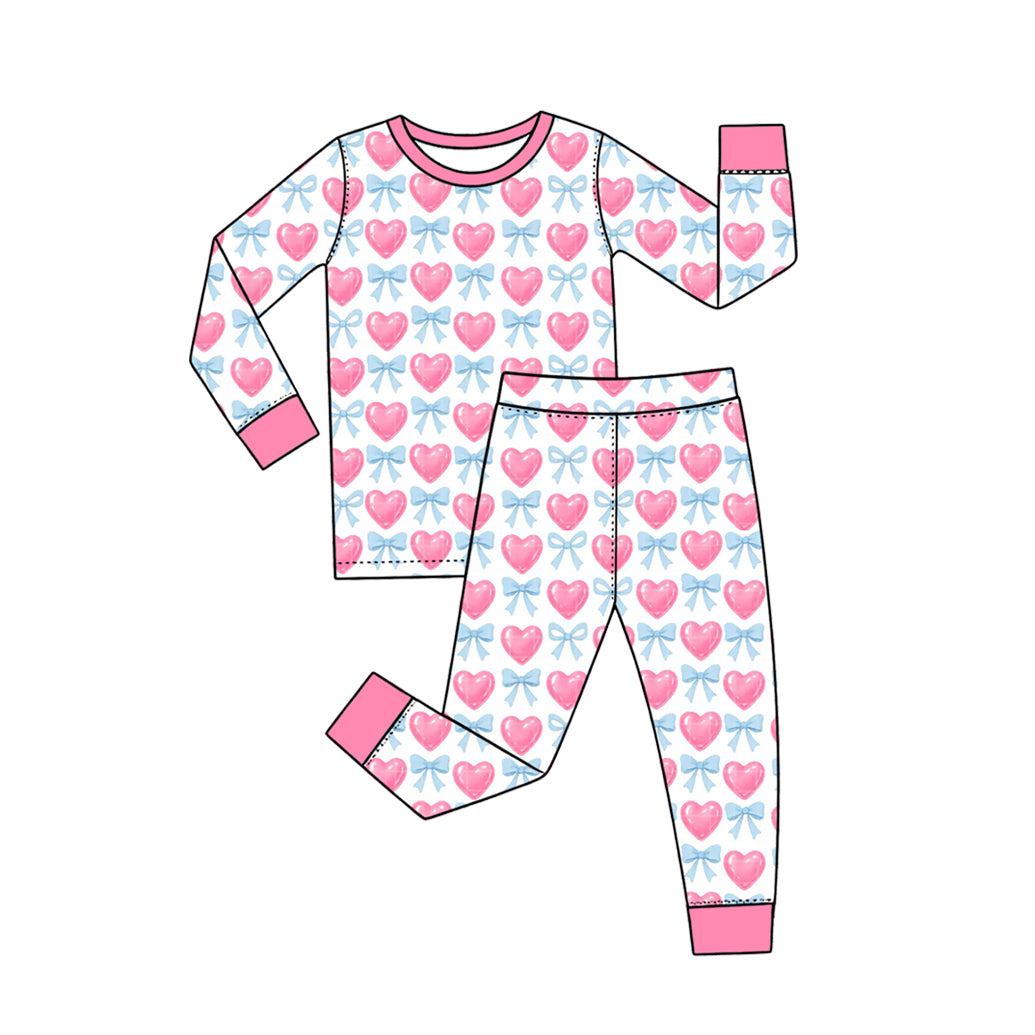 10.17 GLP4022 Preorder Hearts Bows Print Girls Valentine's Day Pajamas Clothes Set