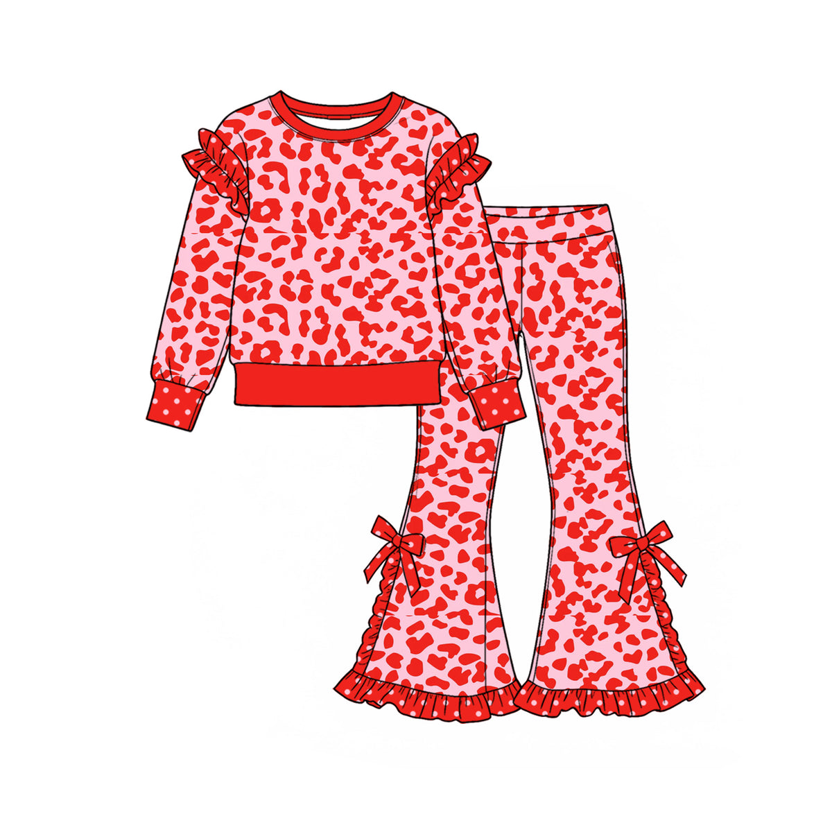 10.19 GLP4025 Preorder Red Leopard Print Bell Pants Girls Valentine's Day Ruffle Clothes Set