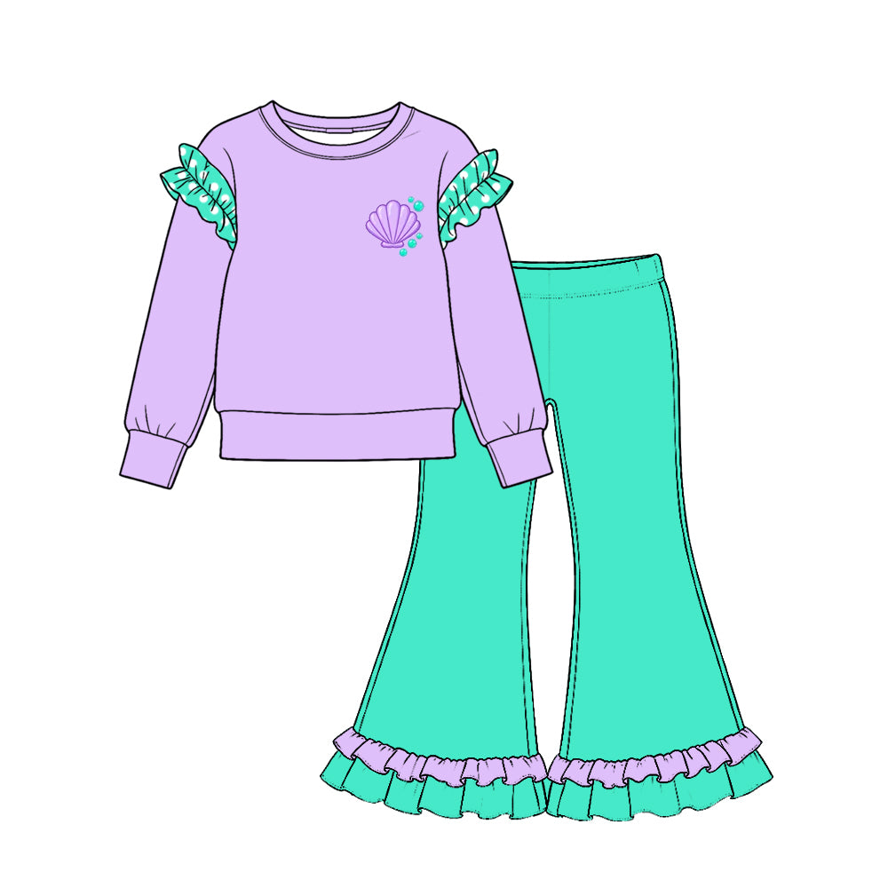 10.21 GLP4047 Seashell Print Lavender Top Mint Green Bell Pants Girls Cartoon Princess Clothes Set