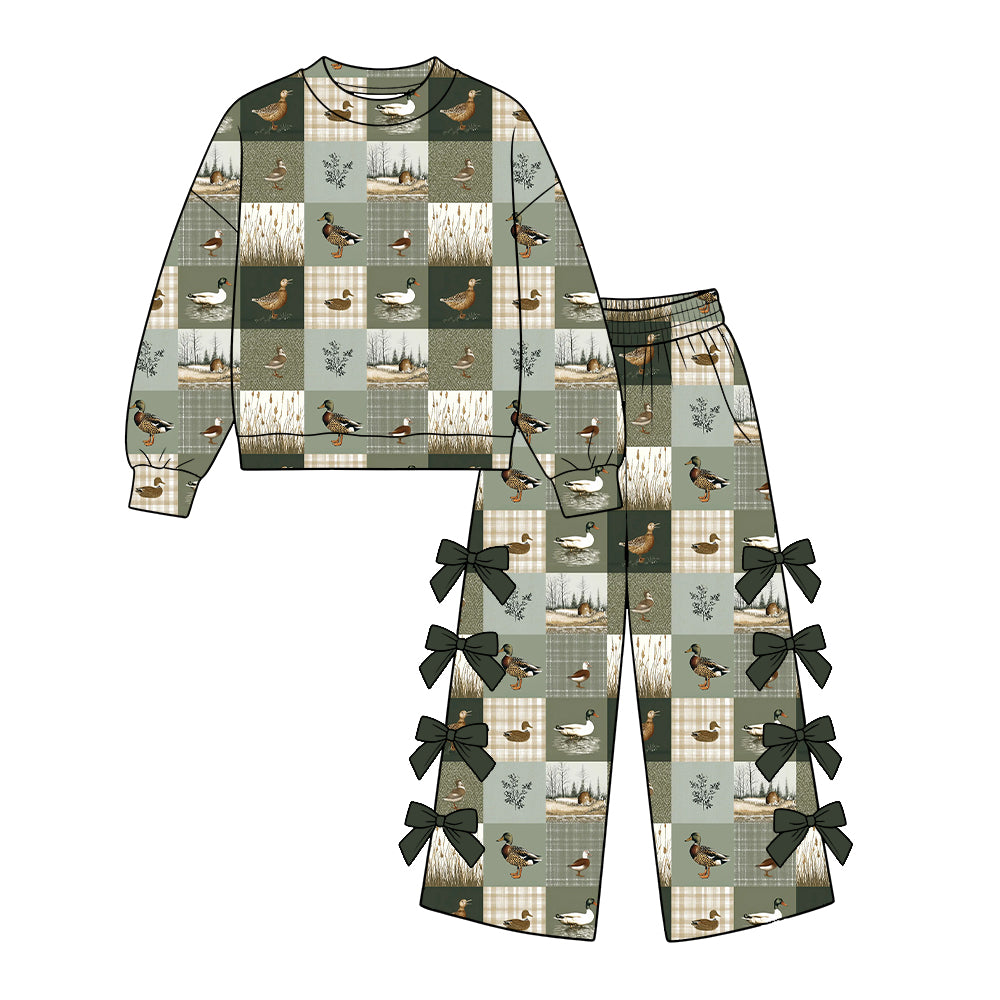 10.22 GLP4053 Preorder Toddler Girl Mallard Duck Patchwork Print Bow Wide Leg Pants 2Pcs Outfit Set