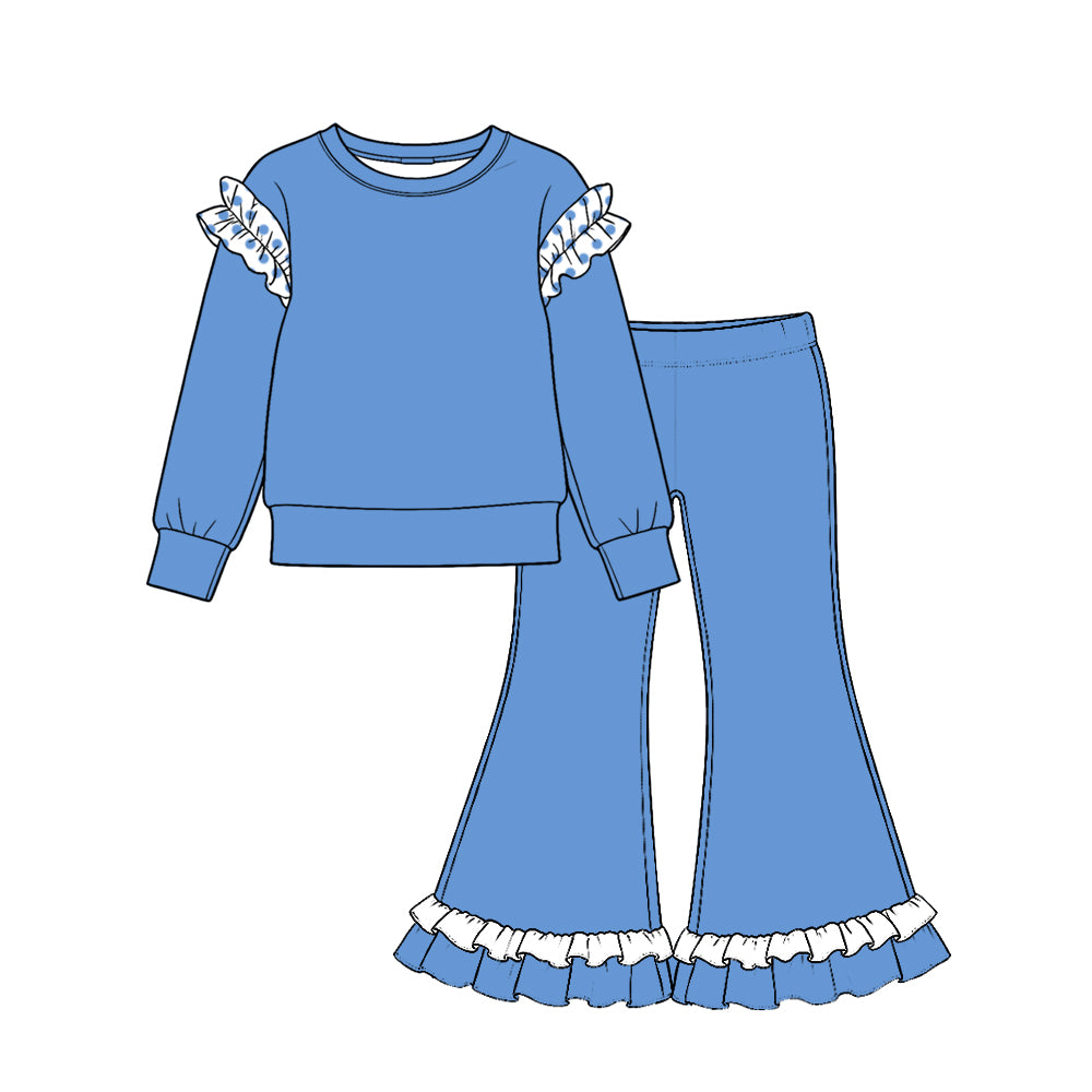 10.22 GLP4056 Toddler Girl Blue Ruffle Flutter Sleeve Top & Double Ruffle Bell Bottom Pants Outfit