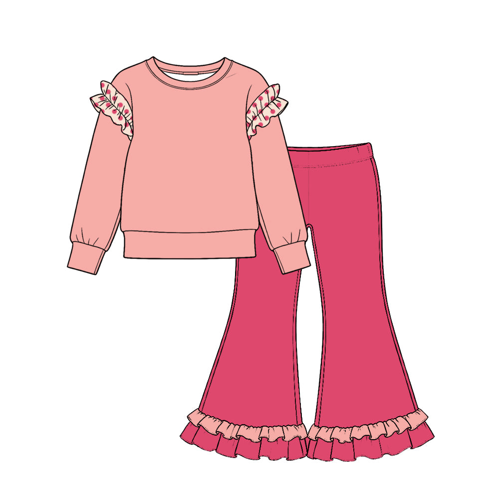 10.22 GLP4059 Toddler Girl Peach Pink Ruffle Flutter Sleeve Top & Double Ruffle Bell Bottom Pants Outfit