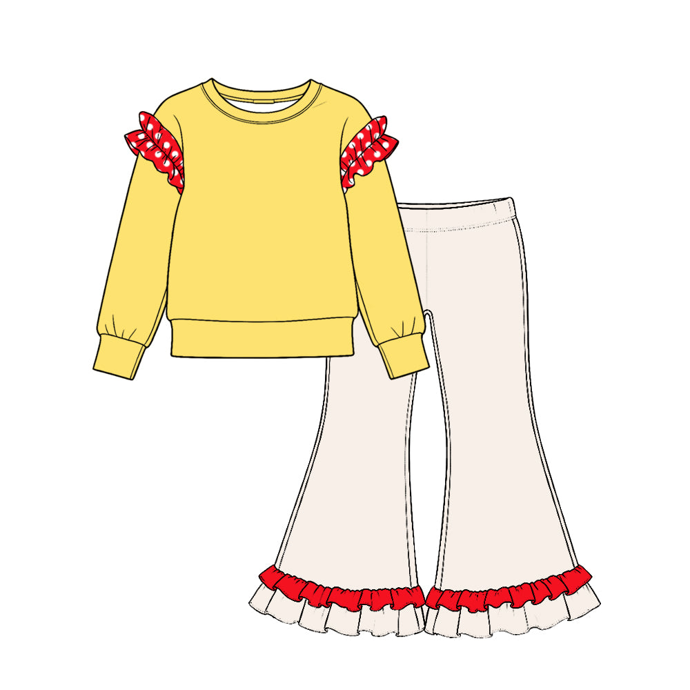 10.22 GLP4060 Toddler Girl Red Polka Ruffle Flutter Sleeve Yellow Top & Double Ruffle Bell Bottom Pants Outfit