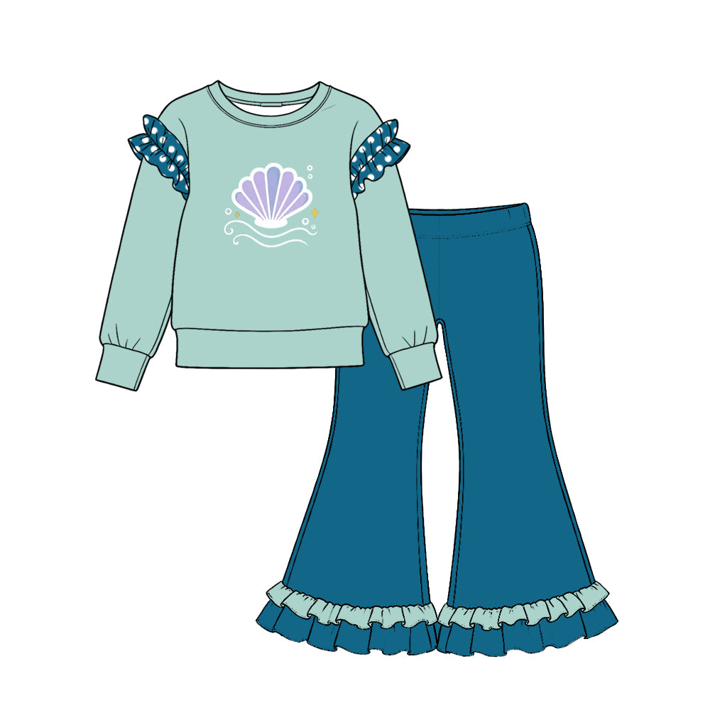 10.22 GLP4062 Seashell Print Mint Top Bell Pants Girls Cartoon Princess Clothes Set