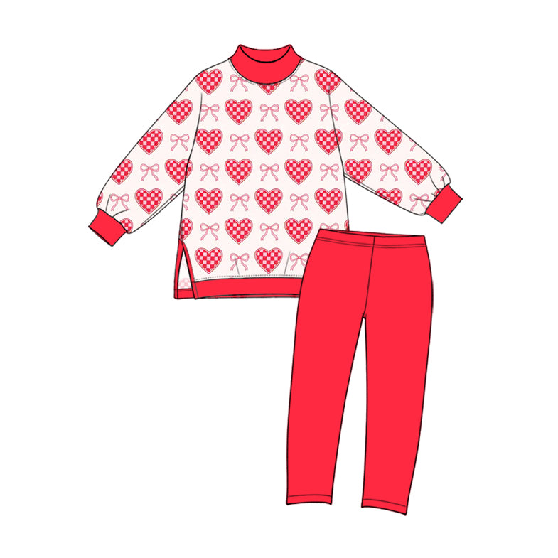 10.26 GLP4074 Preorder Kids Girls Red Heart Bow Mock Neck Long Sleeve Top Leggings Outfit