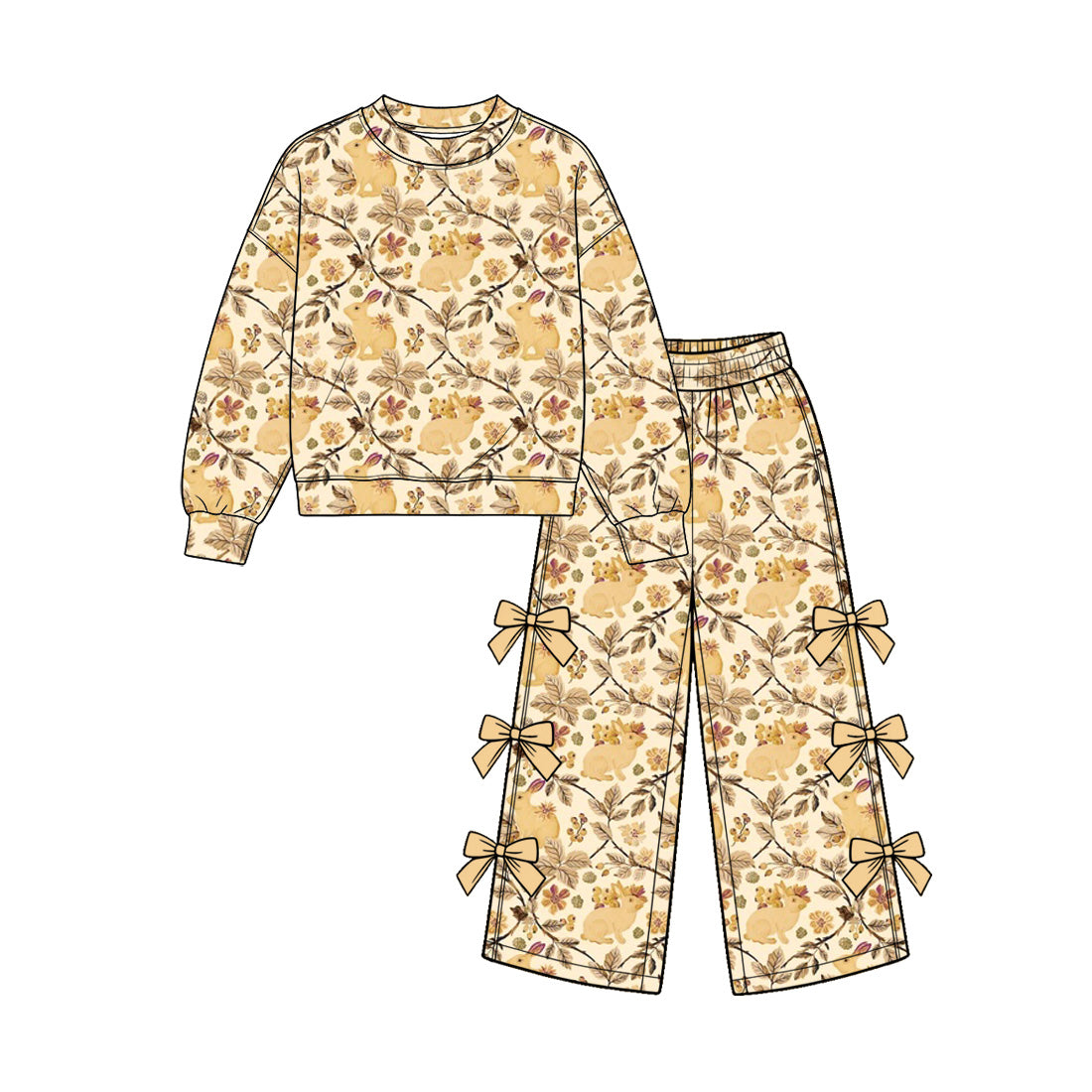 10.29 GLP4091 Preorder Flowers Bunny Print Bows Pants Girls Easter Clothes Set
