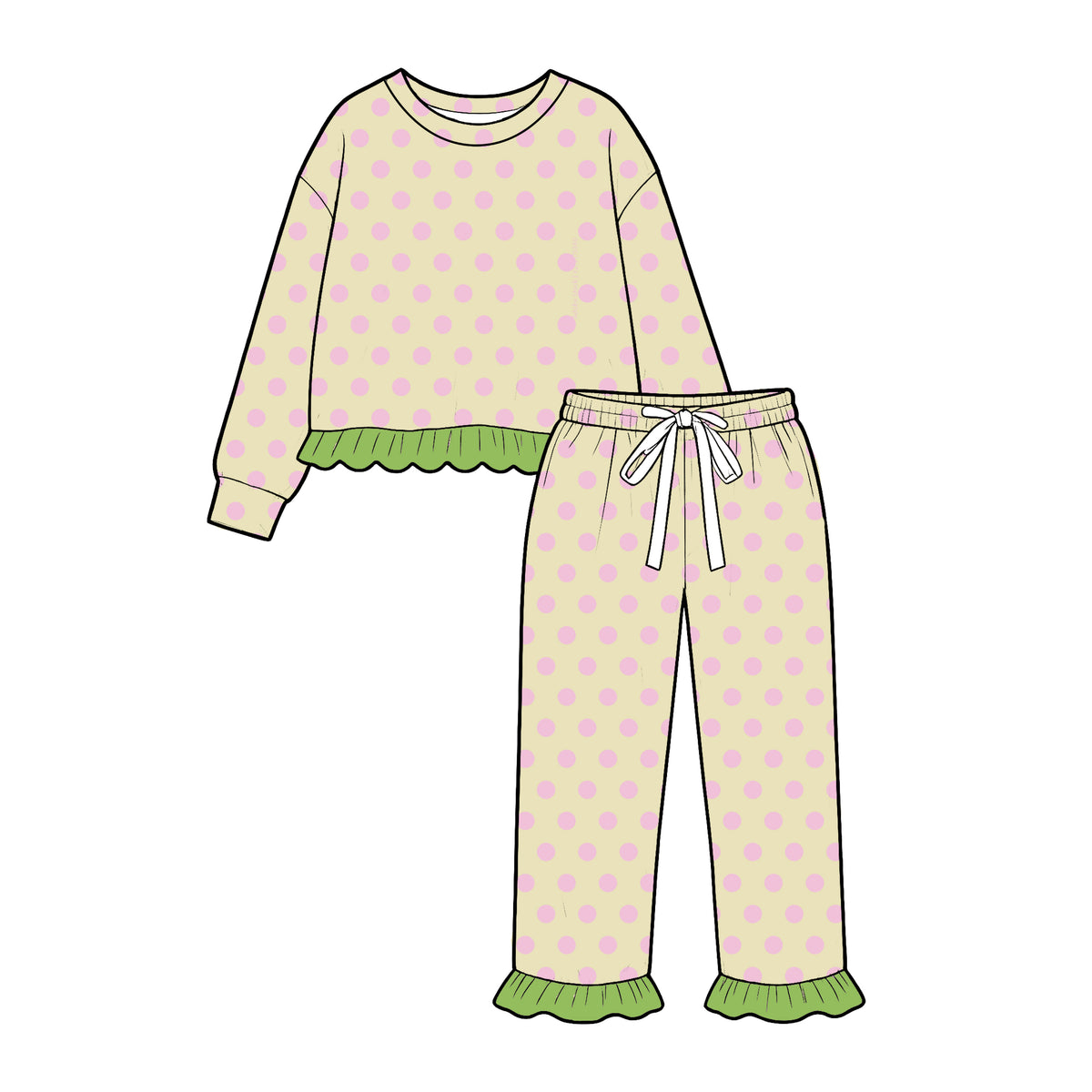 10.29 GLP4093 Preorder Cream & Light Pink Polka Dots Print Girls Ruffle Clothes Set