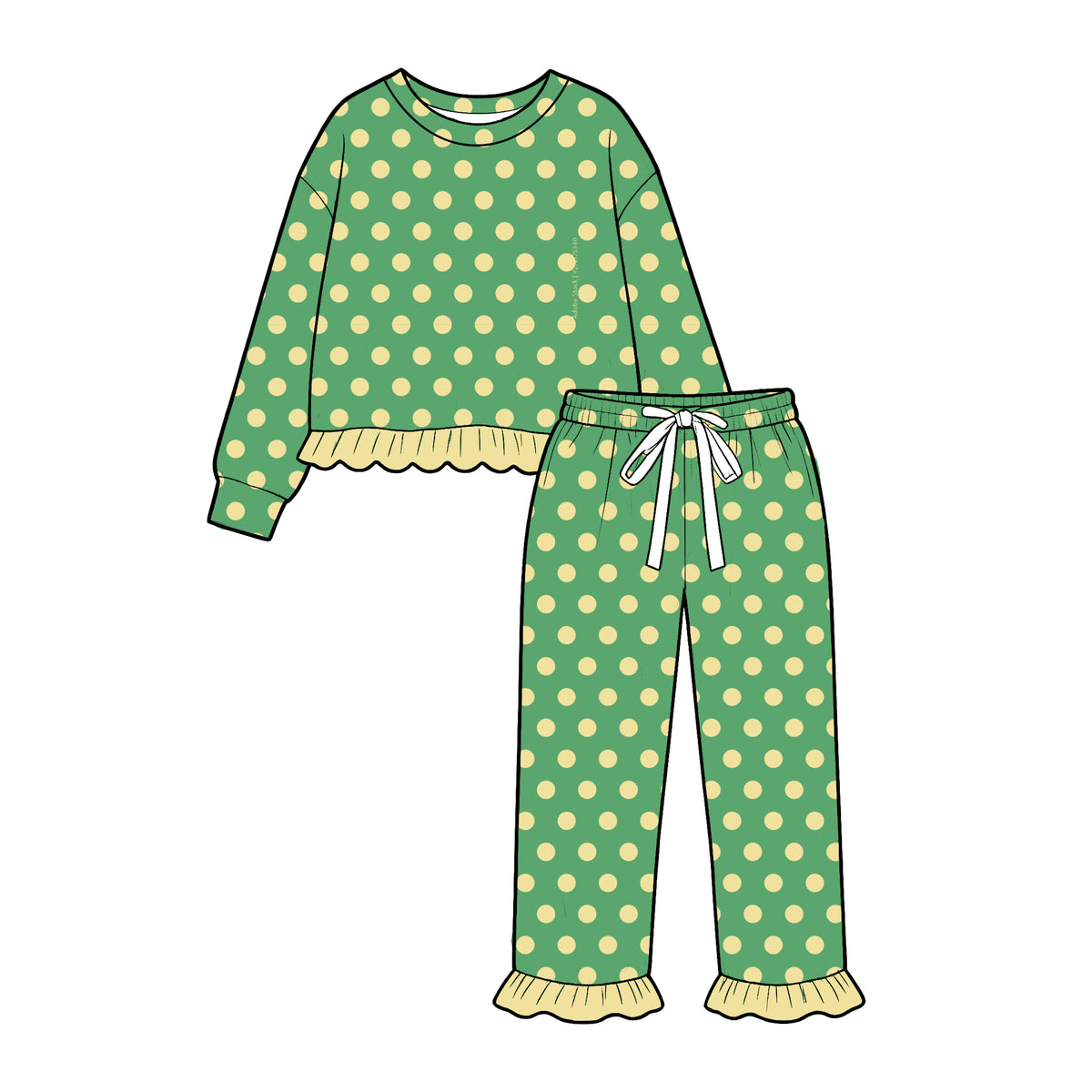 10.29 GLP4094 Preorder Green & Cream Polka Dots Print Girls Ruffle Clothes Set