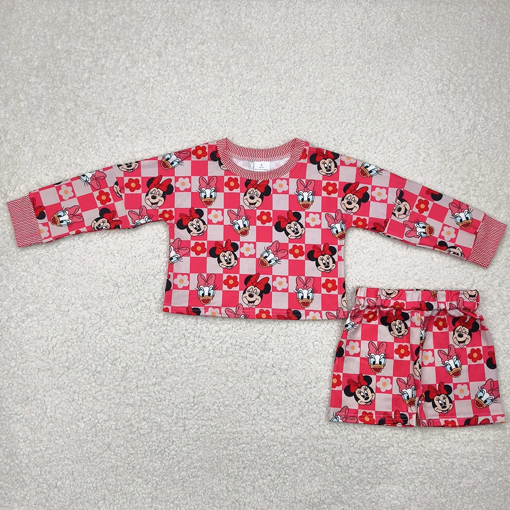Baby Girls Cartoon Mouse Duck Checked Long Sleeve Top Shorts Outfit