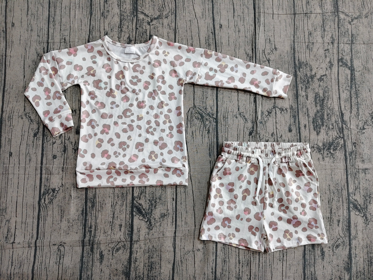 GLS0093 Leopard Long Sleeve Top Pockets Shorts Girls Clothes Sets