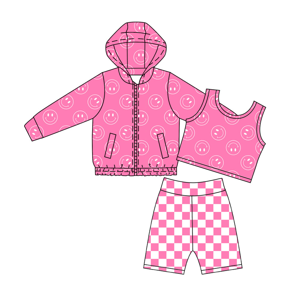 4.23 Girls Pink Smiley Face 3-Piece Outfit - Hooded Jacket, Crop Tank & Checkerboard Shorts Set Preorder