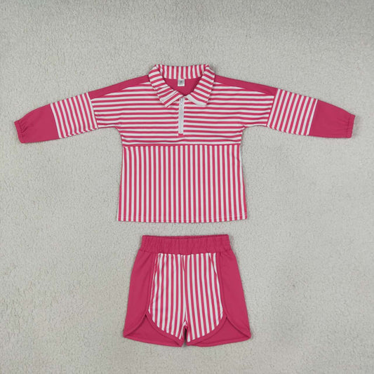 GLS0106 Hot Pink Stripes Print Zipper Top Shorts Girls Yoga Clothes Set