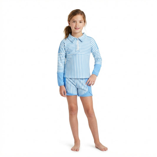 GLS0107 Blue Stripes Print Zipper Top Shorts Girls Yoga Clothes Set