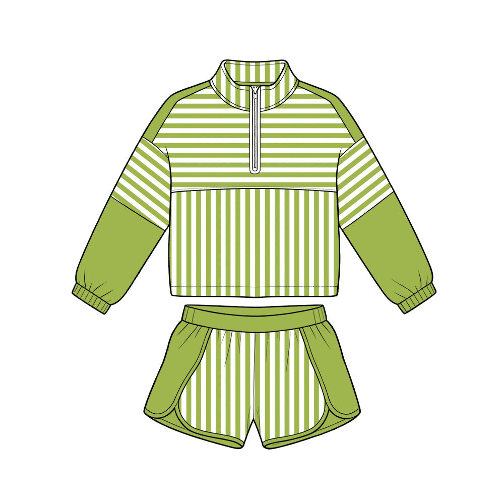 6.19 GLS0109 Preorder Green Stripes Print Zipper Top Shorts Girls Yoga Clothes Set