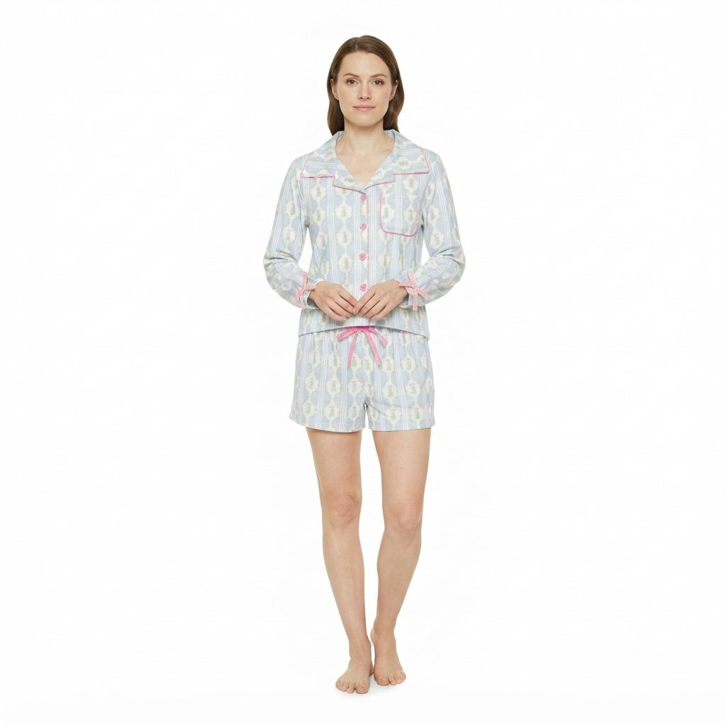 GLS0114 Tree Blue Long Sleeve Top Pockets Shorts Woman Christmas Buttons Pajamas Clothes Set