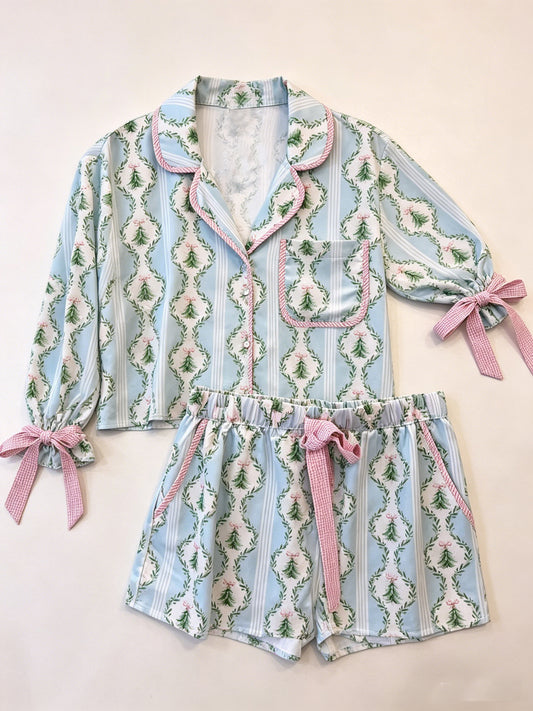 6.19 GLS0114 Preorder Christmas Tree Blue Long Sleeve Top Pockets Shorts Woman Pajamas Clothes Set