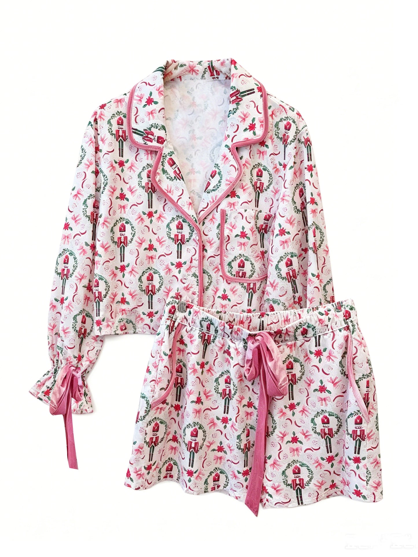 6.19 GLS0117 Preorder Soldier Holly Pink Long Sleeve Top Pockets Shorts Woman Christmas Pajamas Clothes Set