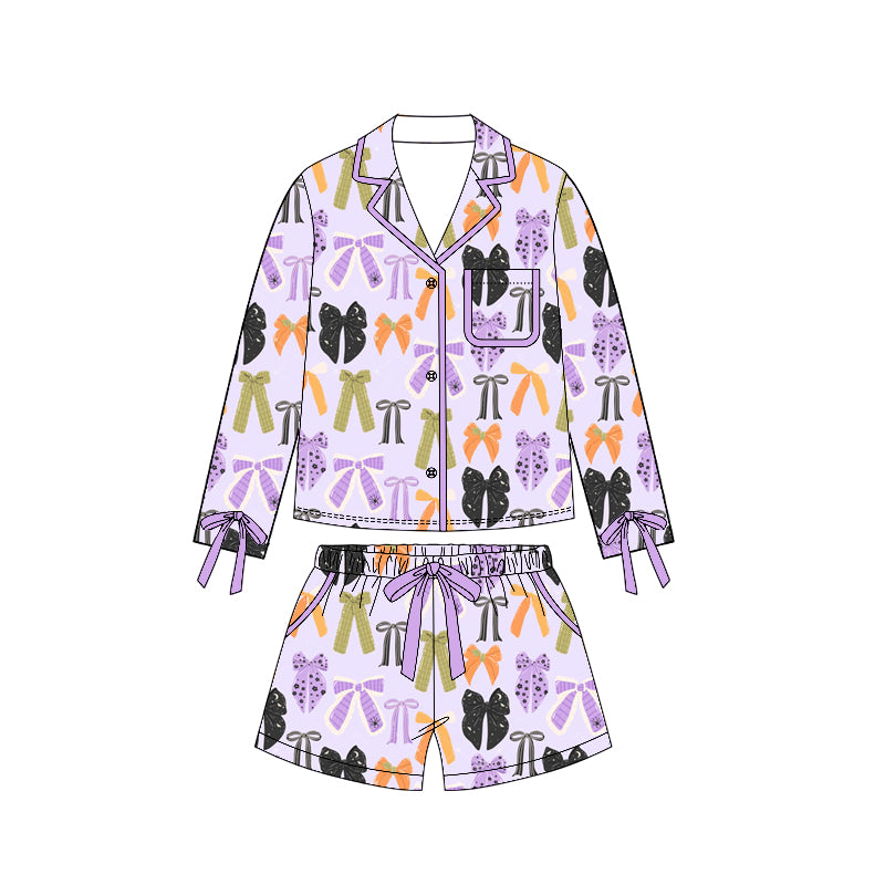 GLS0120 Purple Bows Long Sleeve Top Pockets Shorts Woman Halloween Pajamas Clothes Set