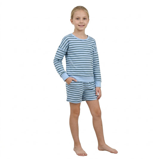 GLS0133 Navy Blue Striped Girls Long Sleeve Top Pockets Shorts Yoga Outfits