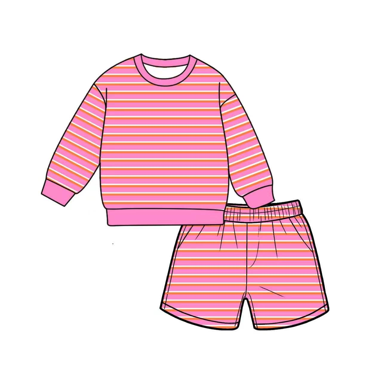 7.6 Preorder Adult Women Pink Striped Long Sleeve Top with Shorts Outfit