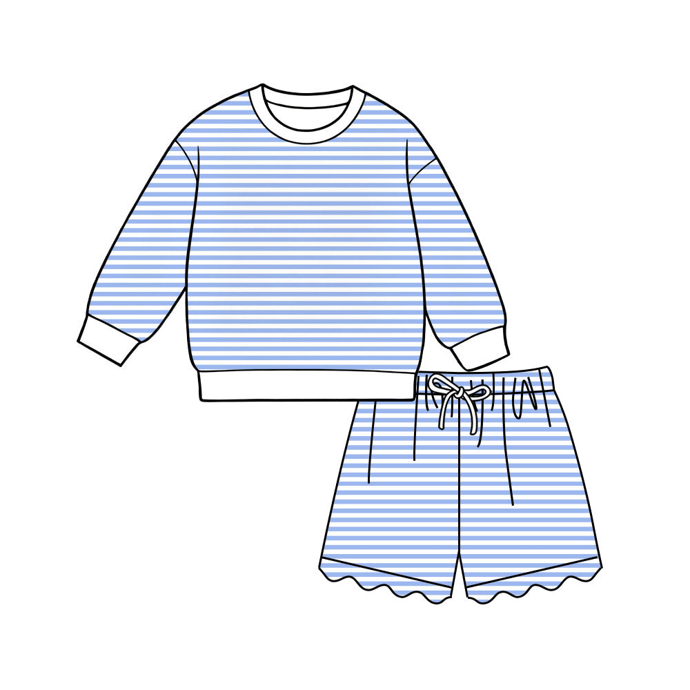 7.6 Preorder Adult Women Light Blue Striped Long Sleeve Top with Shorts Outfit