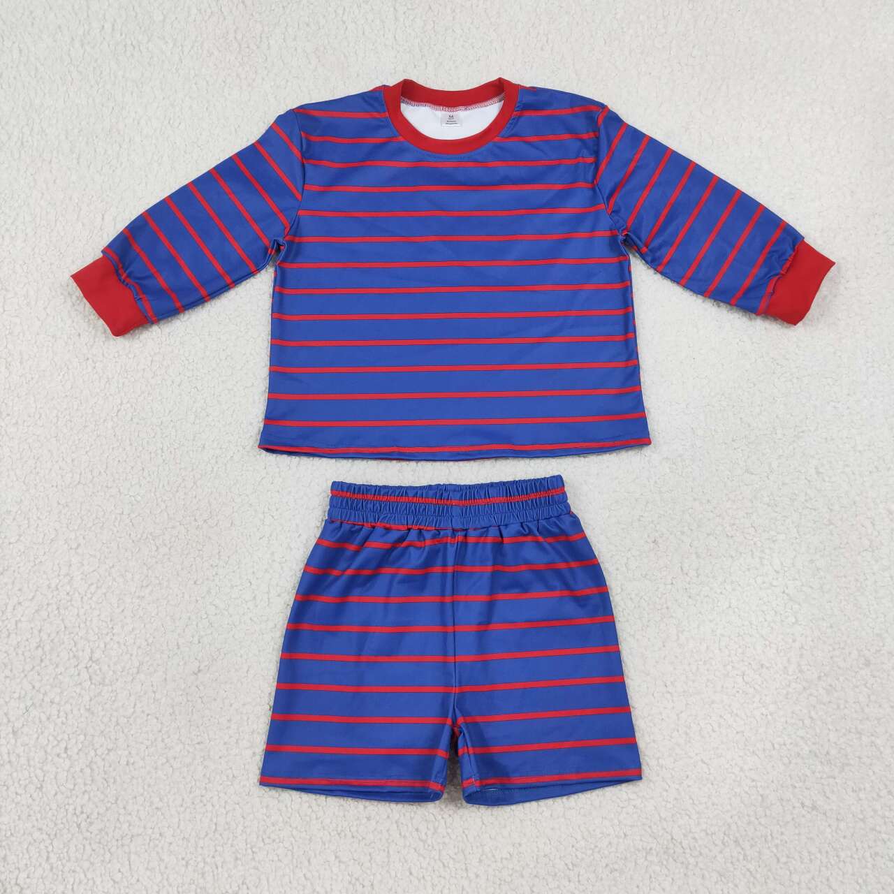 GLS0157 Red Blue Stripes Long Sleeve Top Shorts Kids Yoga Clothes Set