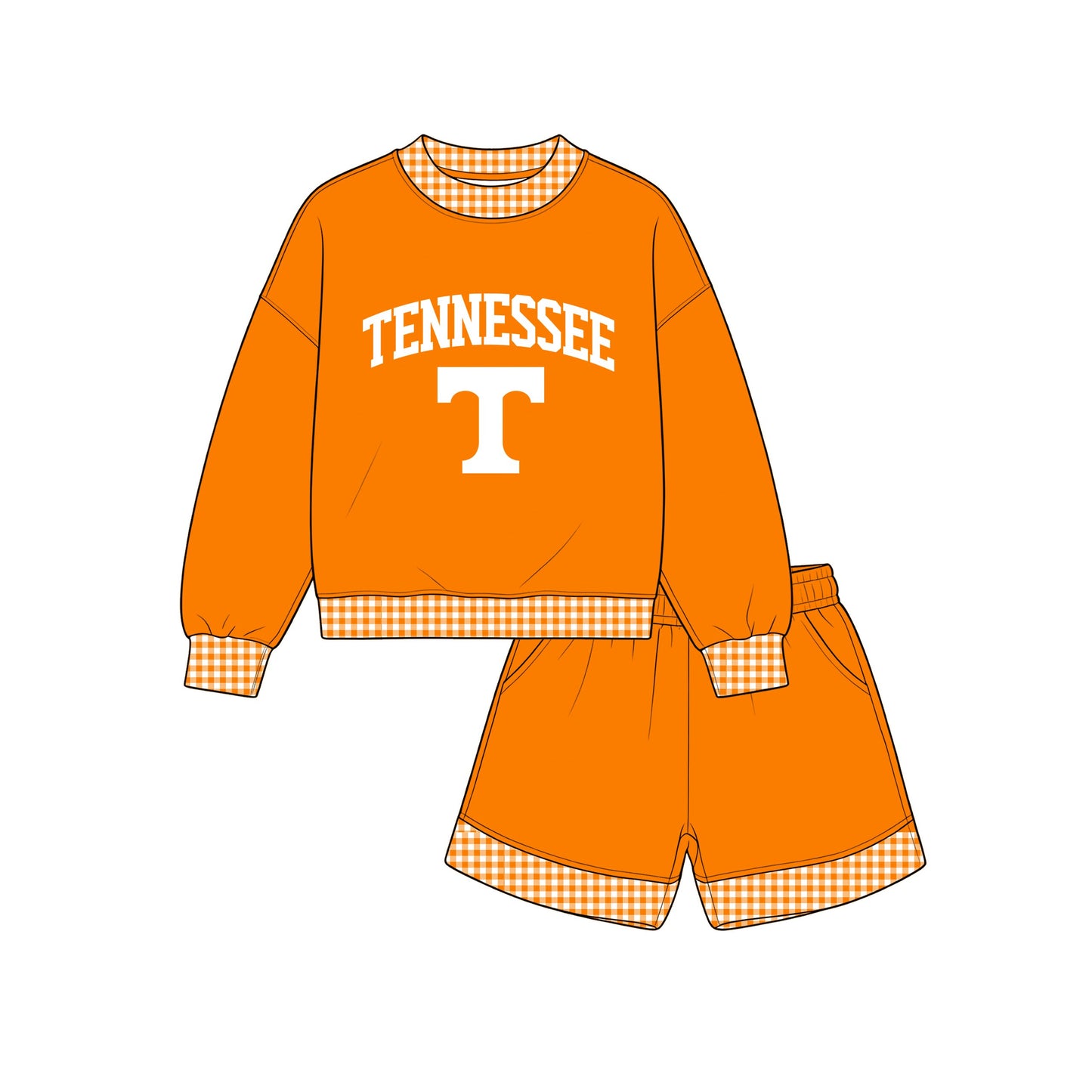 7.15 GLS0163 Kids Auburn Tennessee Orange Gingham Trim Sweatshirt & Pocket Shorts Sport Team Outfit Set