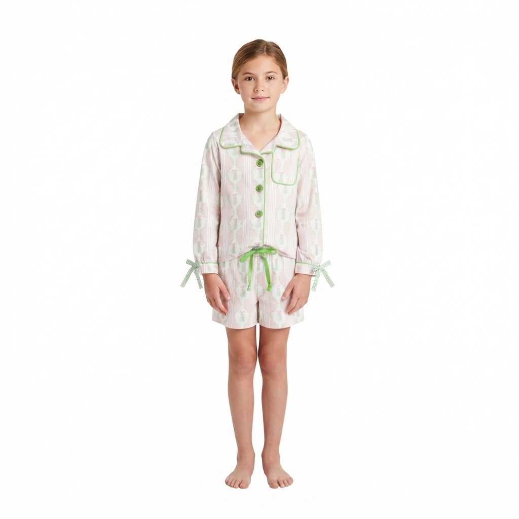 GLS0171 Tree Pink Long Sleeve Top Pockets Shorts Girls Christmas Buttons Pajamas Clothes Set