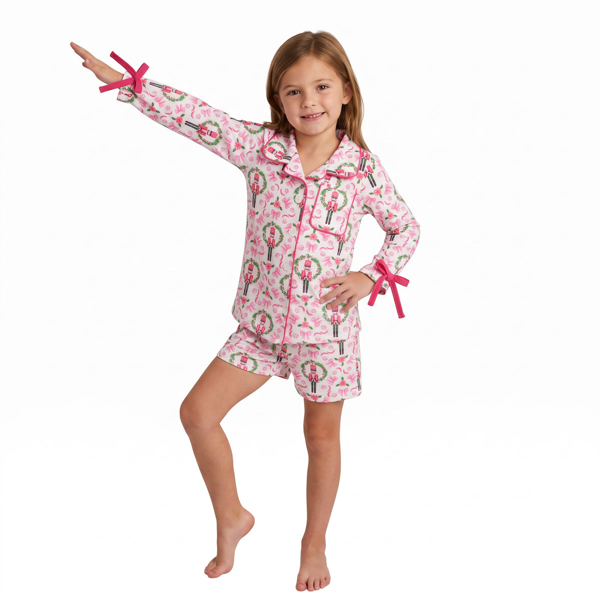 GLS0173 Soldier Holly Bows Pink Long Sleeve Top Pockets Shorts Girls Pajamas Clothes Set