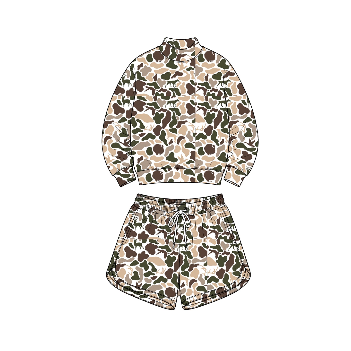8.1 GLS0186 Preorder Adult Brown Khaki Camo Print Long Sleeve Top Pockets Shorts Woman Yoga Clothes Set
