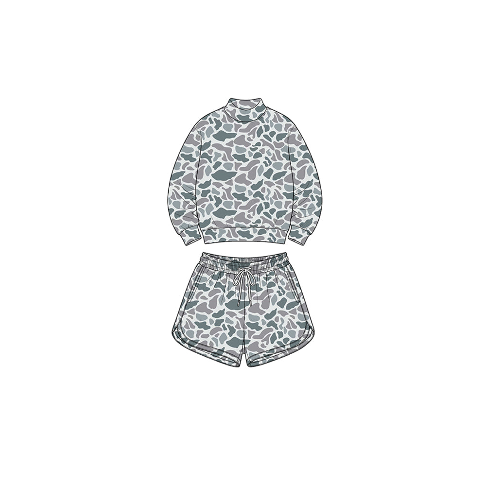 8.1 GLS0189 Preorder Grey Camo Print Long Sleeve Top Pockets Shorts Girls Yoga Clothes Set