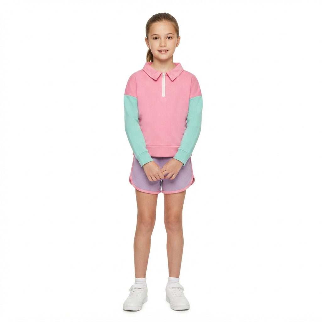 GLS0193 Color Block Half Zip Pullover Long Sleeve Top & Contrast Binding Dolphin Shorts Girls 2Pcs Cotton Outfit Set