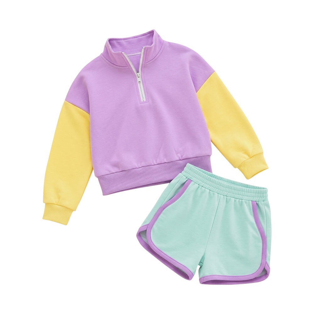 8.1 Preorder Kids Girls Purple Yellow Color Block Half Zip Pullover Top With Mint Green Shorts Outfit(副本)