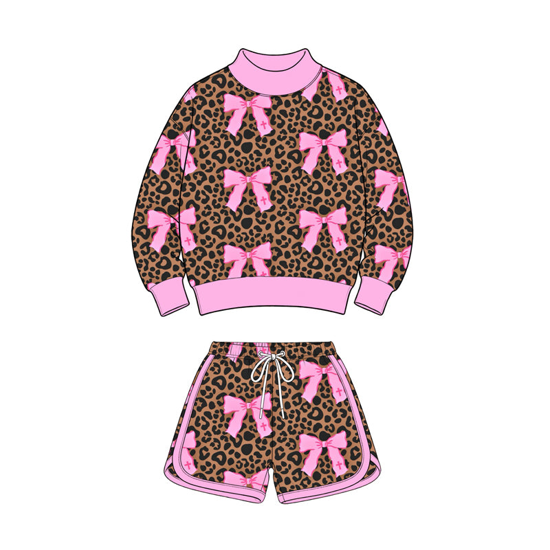 8.4 Preorder Baby Girls Leopard Bow Mock Neck Sweatshirt & Drawstring Shorts Set