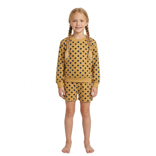 GLS0205 Mustard Polka Dot Girls Long Sleeve Top with Shorts Outfit