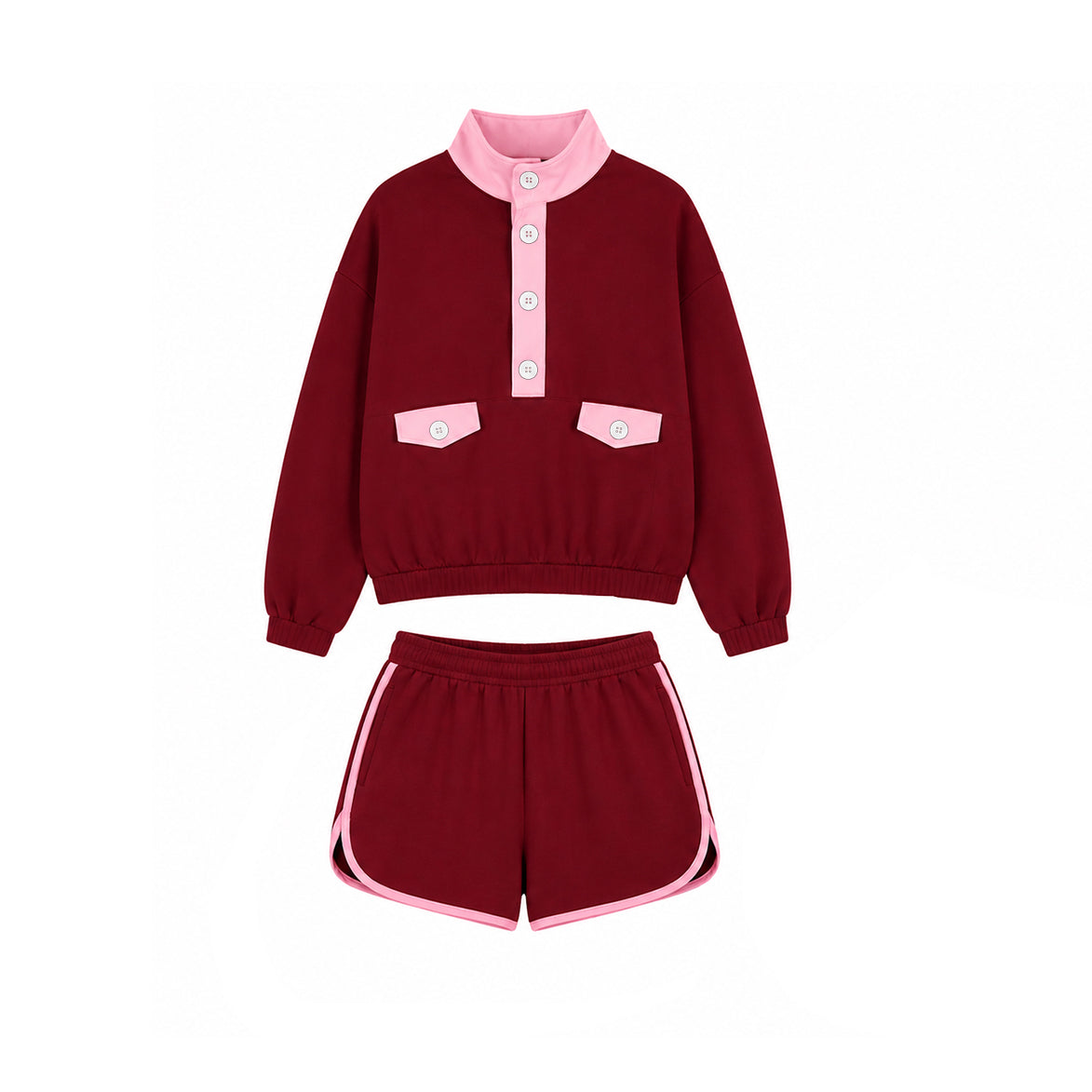 8.11 Preorder Adult Burgundy Pink Color Block Pullover Elastic Waist Dolphin Shorts Set