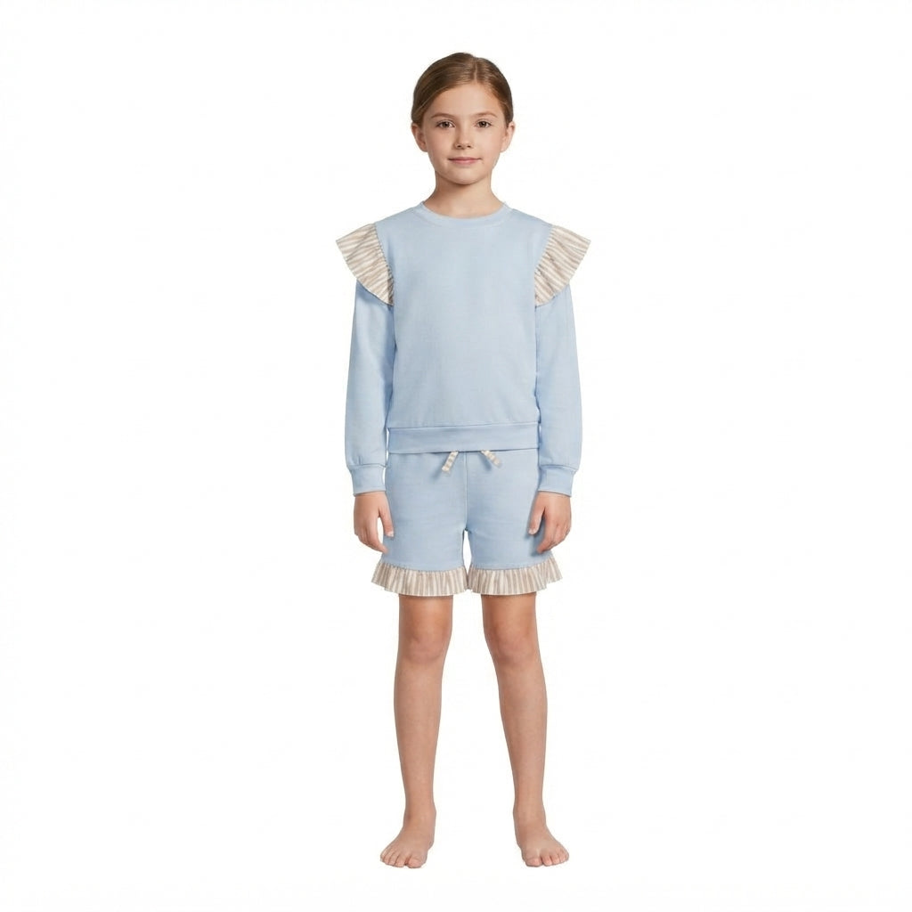 GLS0216 Girls Light Blue Striped Flutter Sleeve & Ruffle Shorts 2pcs Outfits