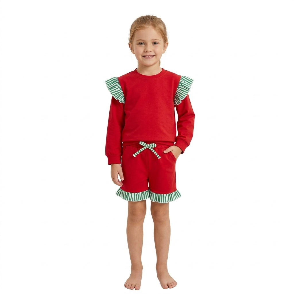 GLS0217 Girls Green Flutter Sleeve Top with Ruffle Shorts Red Christmas Outfit