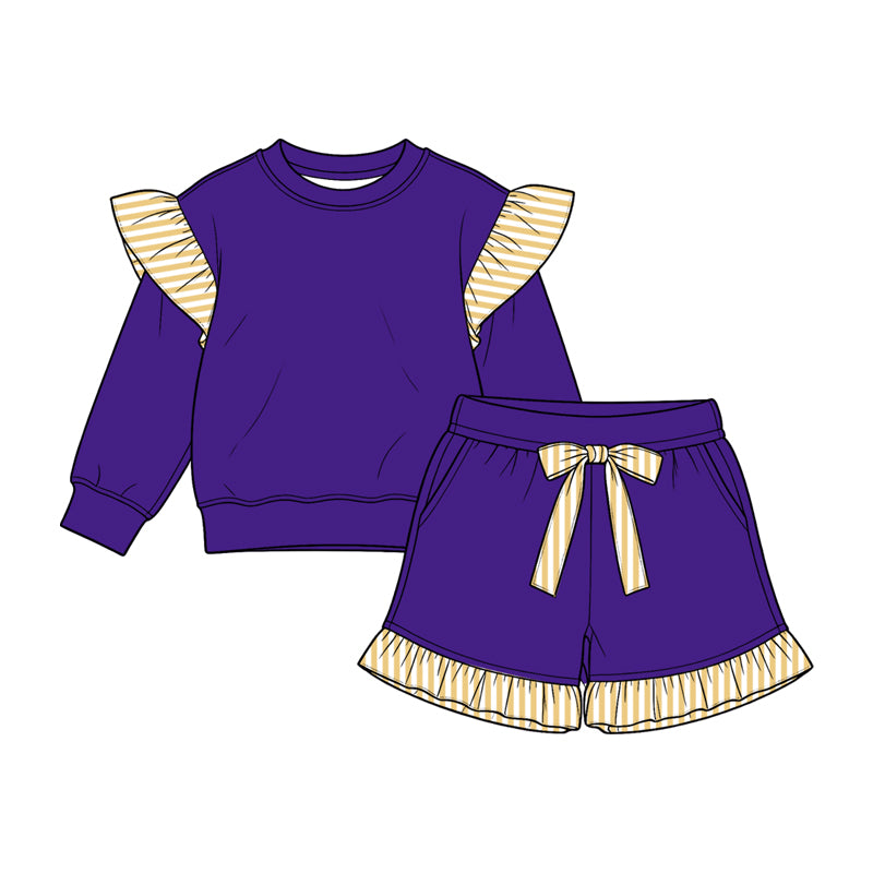 8.15 Preorder Kids Girls Yellow Striped Flutter Sleeve Top with Shorts Purple Outfit