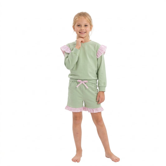 GLS0220 Girls Light Green Flutter Sleeve Top with Ruffle Shorts Outfit
