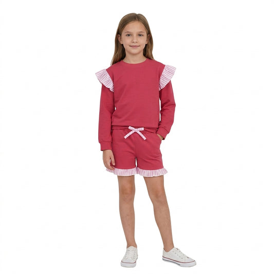 GLS0221 Girls Hot Pink Flutter Sleeve Top with Ruffle Shorts Outfit
