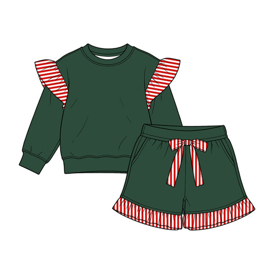 8.15 GLS0223 Preorder Kids Girls Christmas Green Red Striped Flutter Sleeve Top with Ruffle Shorts Outfit
