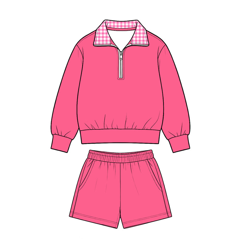 GLS0225 Hot Pink Cotton Half‑Zip Pullover Top Pockets Shorts Girls Clothes Set