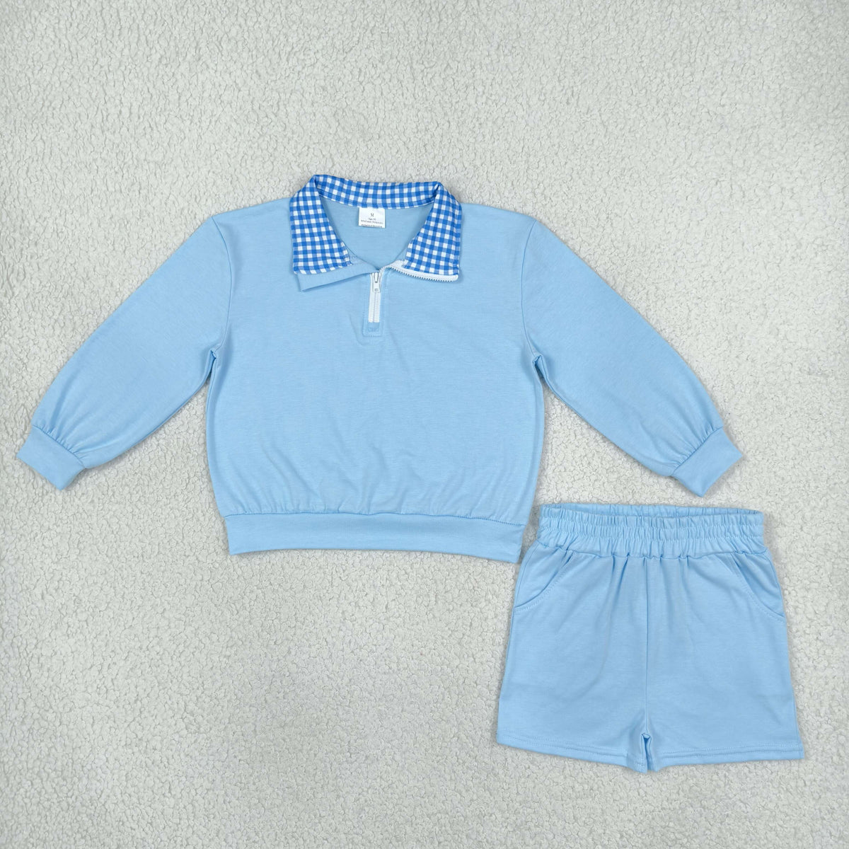 Sibling Baby Girl Gingham Neckline Zipper Pullover Top Pocket Shorts Outfit