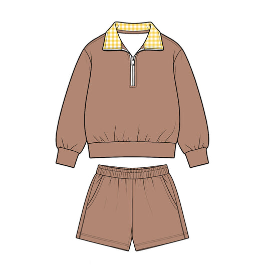 8.28 GLS0227 Preorder Brown Color Half‑Zip Pullover Top Pockets Shorts Girls Clothes Set