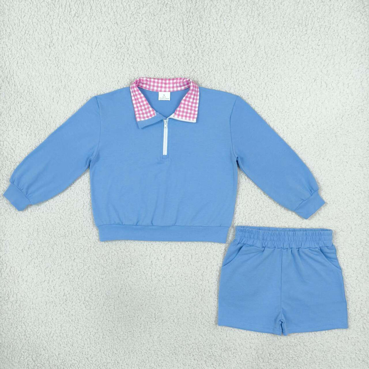 GLS0228 Blue Color Half‑Zip Pullover Top Pockets Shorts Girls Clothes Set