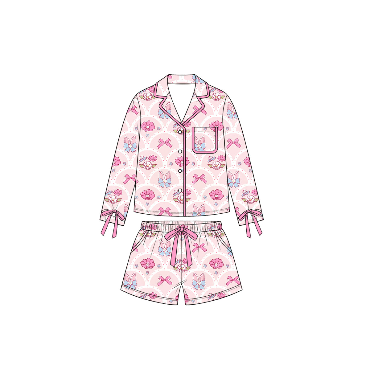 9.4 GLS0235 Preorder Bunny Ears Bows Flowers Print Buttons Top Pockets Shorts Girls Easter Clothes Set